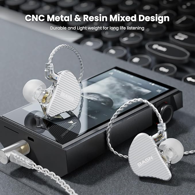 BASN Mix-PD in Ear Monitor,1Planar Driver + 1Dynamic Driver HiFi IEM Earphones with CNC Crafted Metal Cover, Wired 0.78mm 2-Pin Silver Plated Detachable Cable for Musicians (Silver)