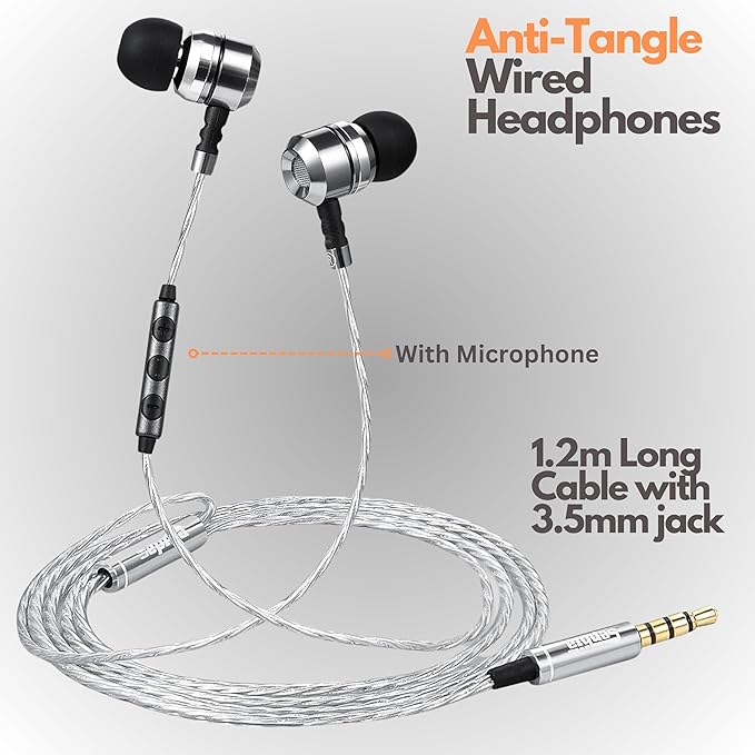 Sephia SP3060VC Wired Earbuds with Microphone, Deep Bass in-Ear Headphones with Noise Isolation, 10mm Drivers, Tangle-Free Cable, 3.5mm Jack