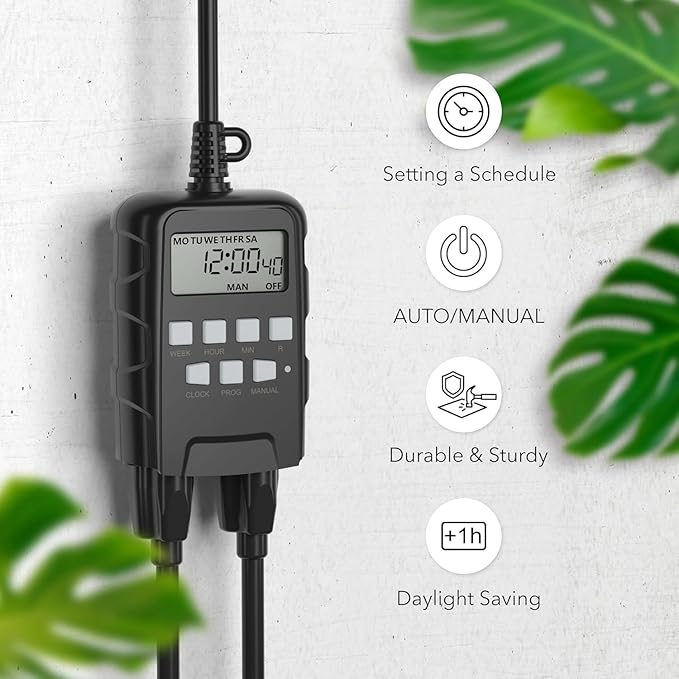 BN-LINK 7 Day Outdoor Heavy Duty Digital Programmable Timer, 125VAC, 60Hz, Dual Outlet, Weatherproof, Heavy Duty, Accurate for Lamps Ponds Christmas Lights 1875W 1/2HP ETL Listed