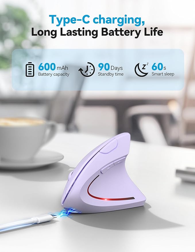 TECKNET Ergonomic Mouse, Rechargeable 2.4G+Bluetooth Vertical Mice 6 DPI Adjustable, Wireless Optical Carpal Tunnel Mouse for Right Hand, Silent 6 Buttons for Laptop, PC, MacBook, iPad - Light Purple