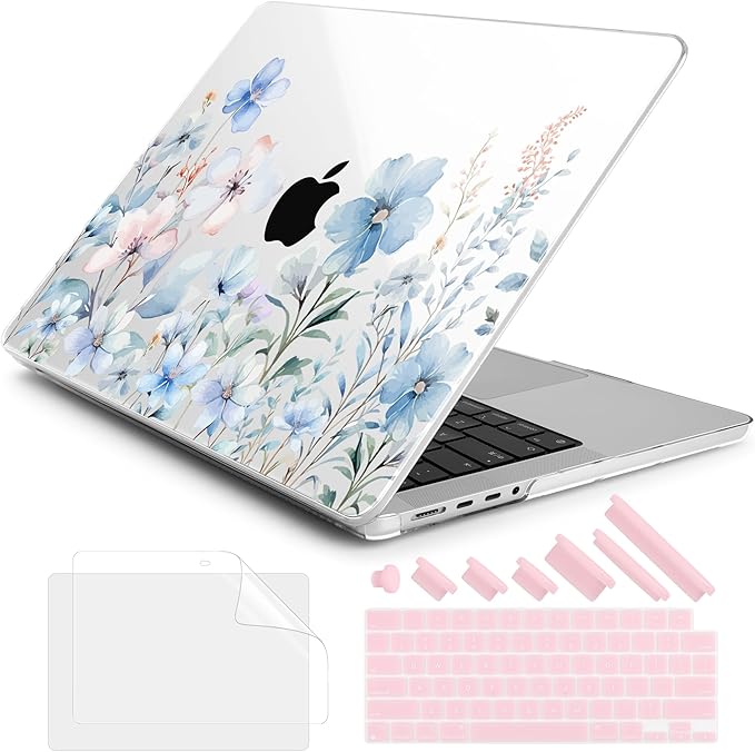 DONGKE for M4 MacBook Pro 16 Inch Case 2024 2023 2021 A3403 A3186 M3 A2991 M2 A2780 M1 A2485 Pro/Max Chip, Plastic Hard Shell Case & Keyboard Cover for Mac Pro 16 with Touch ID, Blue Flowers