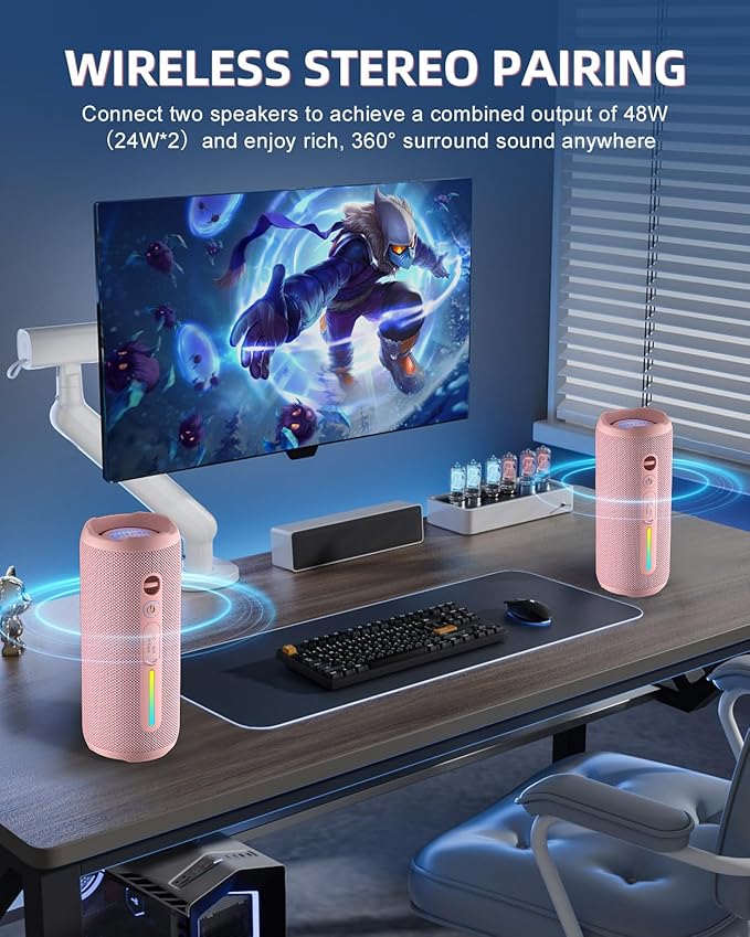 OHAYO Portable Bluetooth Speaker, IPX7 Waterproof Wireless Speaker with 24W Stereo Sound, Active Extra Bass, Bluetooth 5.3, RGB Lights, Up to 30H Playtime for Home, Outdoor, Party, Travel