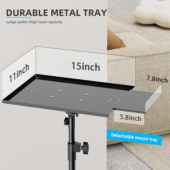 Projector Stand with Wheels, Laptop Tripod from 29" to 69" with Mouse Tray, Adjustable Height DJ Racks Stands with Gooseneck Phone Holder, for Office, Home, Stage, Studio, 1 Pack Black
