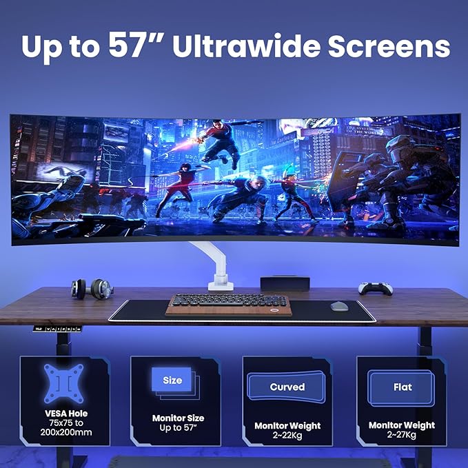 Ultrawide Monitor-Arm Heavy Duty 22-57‘’ - PUTORSEN Aluminum Single Monitor Mount Holds up to 59.4 lbs, Premium Adjustable Desk Mount Stand, VESA 75/100/200 mm, White