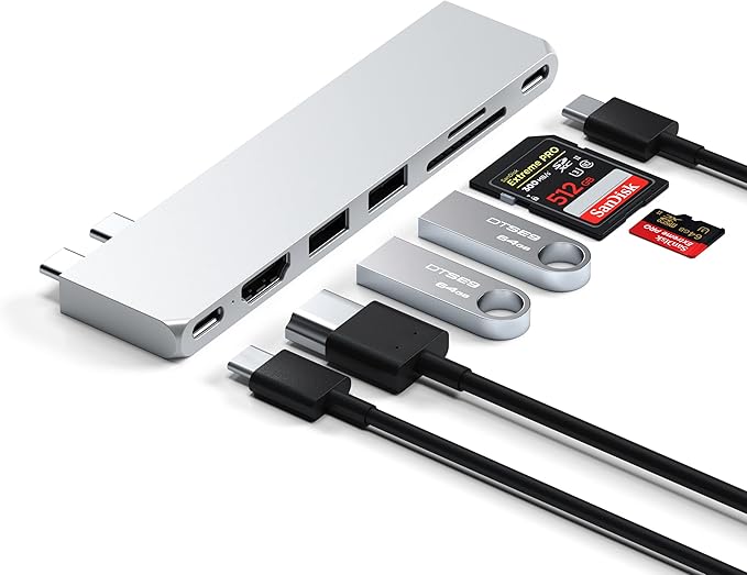 Satechi 7 in 1 USB C Hub Multiport Adapter Pro Slim, USB C Dongle, 100W Charging, 4K HDMI, USB 4, USB 3.2 Gen 2, SD/Micro Card Reader for Mac, MacBook Air/Pro M4/M3/M2/M1 - Silver