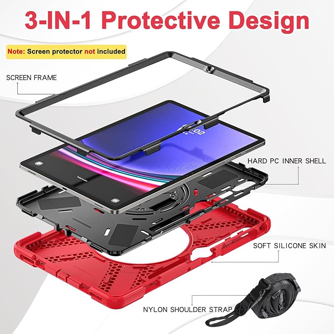 BRAECN for Galaxy Tab S10 Plus/S9 FE+/S9+/S7+/S8+/S7 FE 12.4 inch Case,Heavy Duty Shockproof Case with Carrying Shoulder Strap, S Pen Holder, Kickstand, Hand Strap for Samsung Galaxy Tab S10+-Red