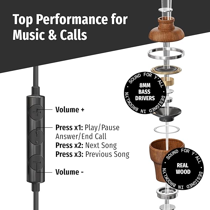 Symphonized Premium Wooden Airtube Headphones EMF Earbuds, 3D Sound, Microphone Volume Control, 8mm Bass Drivers Granting High Audio Quality MFI Certified ONLY for iPhone 11-14