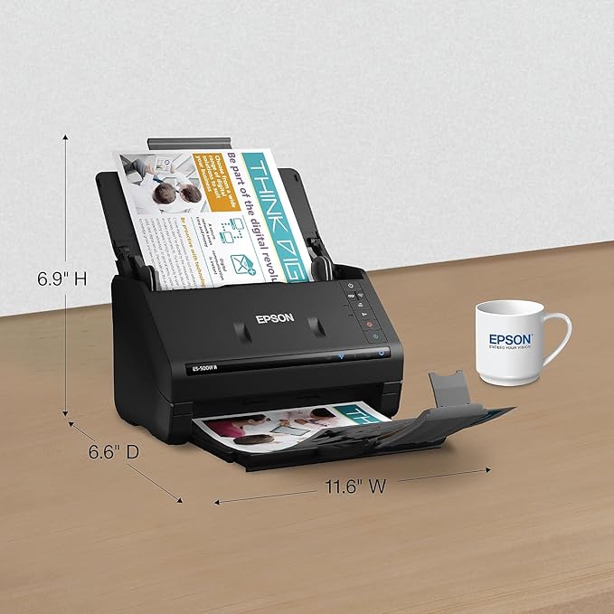 Epson Workforce ES-500W II Wireless Color Duplex Desktop Document Scanner for PC and Mac, with Auto Document Feeder (ADF) and Scan from Smartphone or Tablet