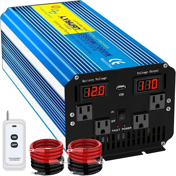 Yinleader 3500 Watt Pure Sine Wave Power Inverter 12V DC to 110V/120V AC Converter for Family RV Camping Boat Emergency/4 AC Outlets and LCD Display, Remote Controller