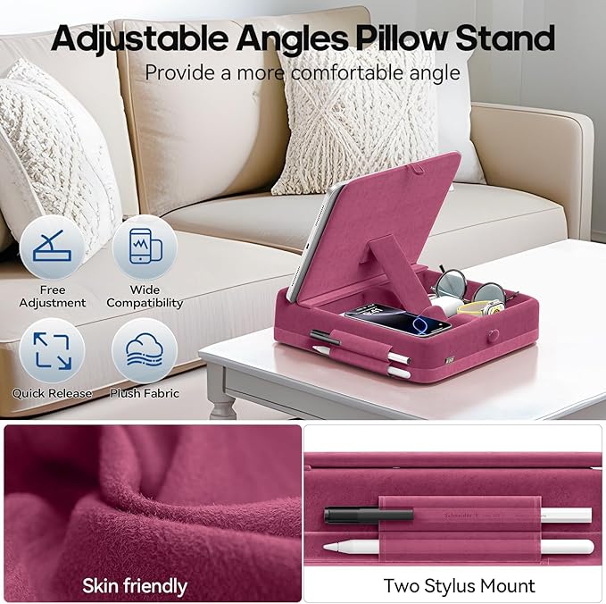 KDD Tablet Pillow Stand with Storage, Foldable iPad Holder for Lap, Desk and Bed, Angle Adjustable Soft Pad Dock with Stylus Mount Compatible with iPad Pro, Air, mini, Book, Phone and Tablet (4-13")