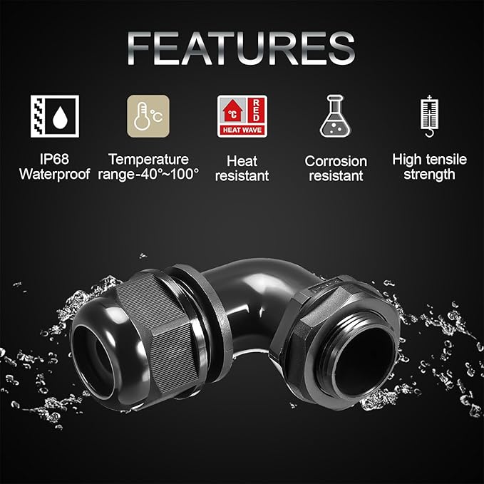 LeMotech M16 Cable Gland, 90 Degree Adjustable 6-10mm Strain Relief, Cord Connectors Nylon Joints with Gaskets, 6 Pcs, Black