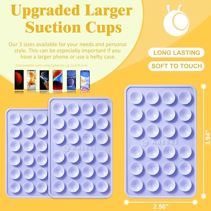 Anteel MAX Silicone Suction Phone Case Adhesive Mount, Upgraded Super Strong Grip, Durable, Easy to Use, Hands-Free Sticky Phone Holder for Selfies, Tiktok Videos, 2.56"x3.94" (Translucent)