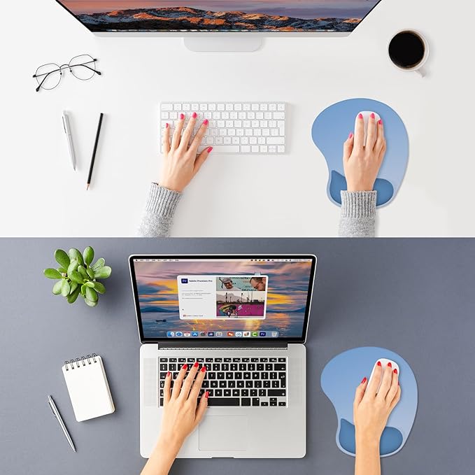 ITNRSIIET Ergonomic Mouse Pad, Cushioned Gel Wrist Rest, Non-Slip Base, Smooth Surface, Compatible with All Mice for Office & Gaming, Desk Accessory, 9.5 x 8.2 inch, Gradient Blue Ombre
