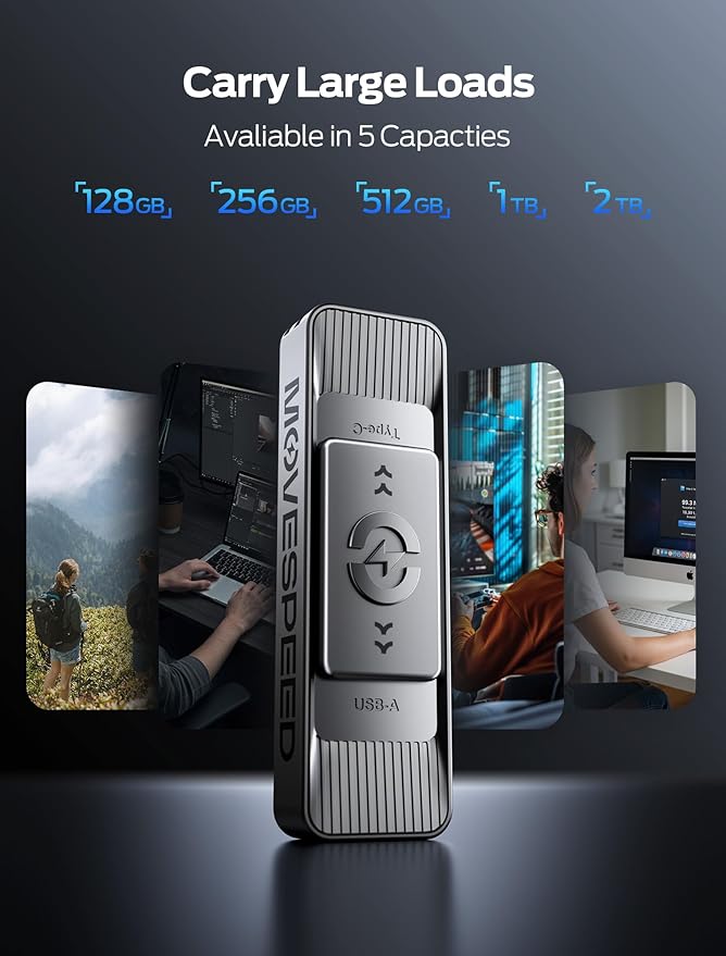 MOVE SPEED 256GB Solid State Drives with Dual Ports & Push-Pull Design — 560MB/s Read Speed, Type C + USB 3.2 Drive Portable ssd for iPhone 15/16/Android/Mac