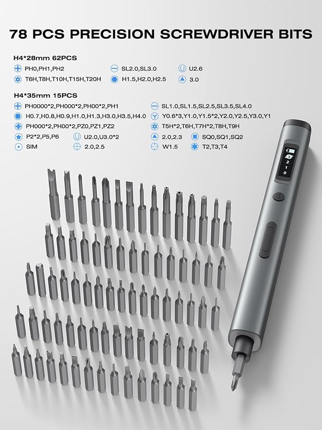 90-in-1 Mini Electric Screwdriver, SMOOTHARMOR Precision Screwdriver Set Cordless with 78 S2 Bits, 0.15-0.55 N.m Torque, Magnetic Storage, 500mAh, LED Light, Power Repair Tool Kit for Phone Laptop PS5