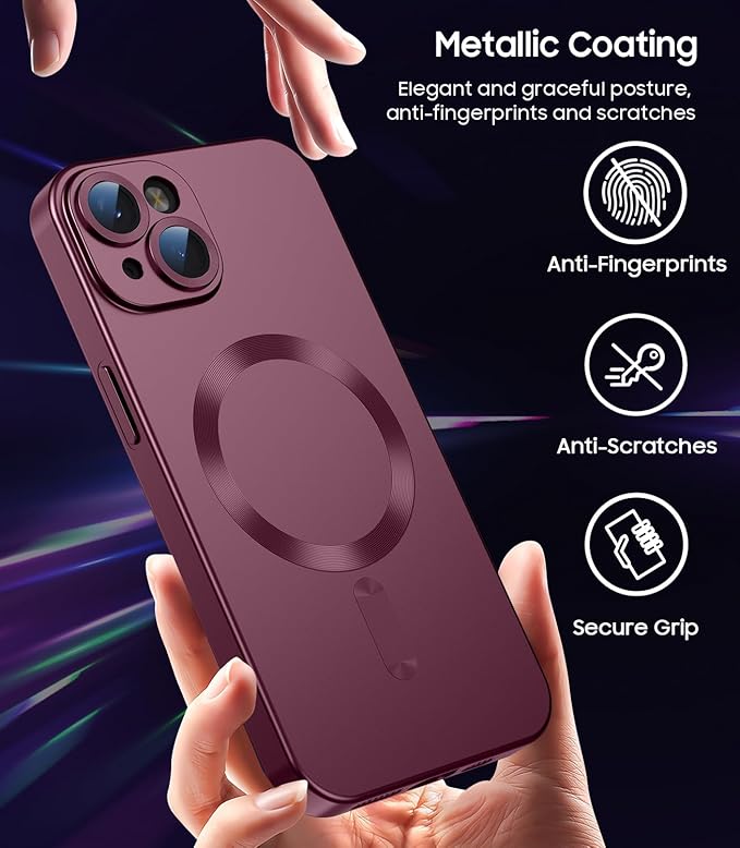 Magnetic for iPhone 14 Plus Case [Compatible with MagSafe][Built-in Camera Lens Protector] Slim Soft Silicone Bumper Shockproof Metallic Luster Phone Case (Burgundy)