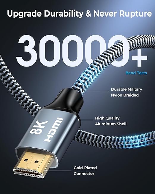 8K HDMI Cable 3 ft, 48Gbps High Speed HDMI 2.1 Cable, Braided HDMI Cable 2.1 8K 60Hz 4K 120Hz Support for HDR eARC HDCP 2.2/2.3, HDMI Cord Compatible with HDTV, Laptop, Monitor, PC