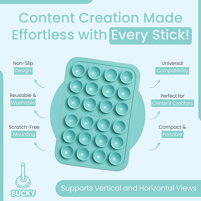 SUCKY Silicone Suction Phone Case Adhesive Mount - Anti-Slip Holder, Hands-Free Fidget Toy, Phone Accessory for iPhone and Android - Sticky Grip for Selfies, Videos, and Tiktok - Turqoise