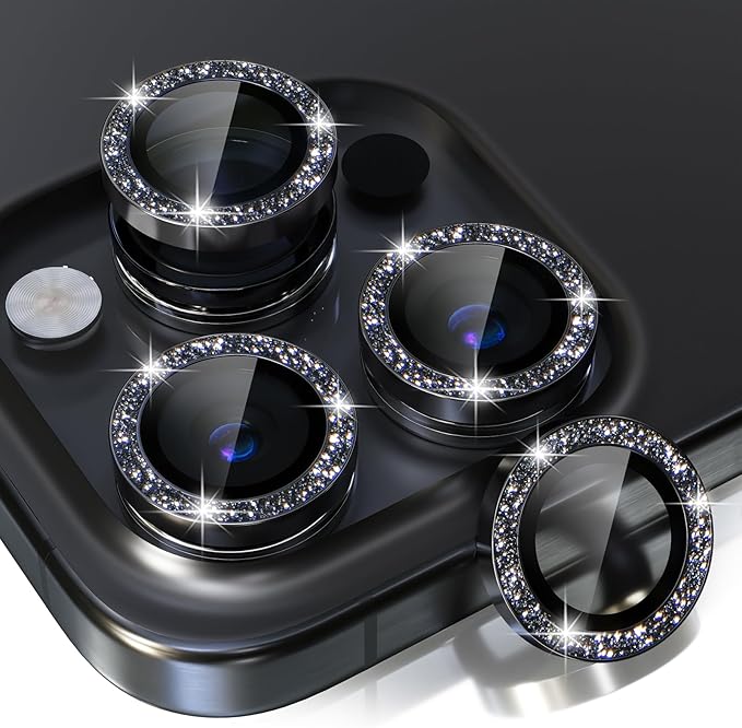 Choiche Compatible for iPhone 15 Pro/iPhone 15 Pro Max Camera Lens Protector Bling, 9H Tempered Glass Camera Cover Screen Protector Metal Ring Decoration Accessories (Glitter-Black)