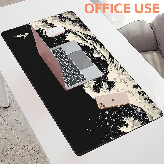 Mouse Pad Large White Wave Non-Slip Gaming Desk Mat with Stitched Edge Laptop Keyboard Desk Pad for Work Home Gaming (35.4 x 15.7 Inches)