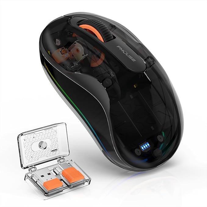 Bluetooth Wireless Mouse, Transparent RGB Tri-Modes Mouse,Bluetooth & 2.4GHz for Multi Device, USB-C Receiver Ideal for MacBook/Laptops, Rechargeable, Silent, Portable, Cool LED, Ergonomic - Black