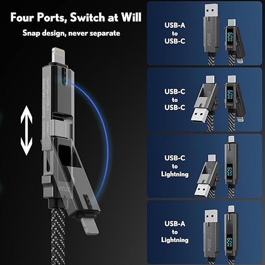 pzoz 4-in-1 USB C Fast Charging Cable with LED Display, Multi USBC Charger Combo Lightning/Type C/USB A Metal Ports for iPhone 16/15/14 Pro Max iPad MacBook AirPods Pro Samsung Google (60W, 5 ft)