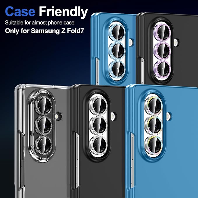 for Samsung Galaxy Z Fold 7 Camera Lens Protector, Individual Metal Ring Tempered Glass Lens Cover, [Strong Adsorption] Scratch Resistant Ultra-Thin HD Clear Lens Cover, 1 Set-Black Sparkly