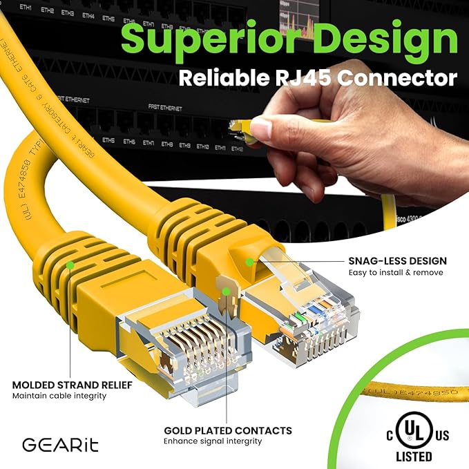 GEARit Cat 6 Ethernet Cable (1-Pack 100 Feet) Cat6 Network Patch, 10Gbps, RJ45, Snagless Cord, Gold-Plated Connectors, Internet for PC, TV, Tablet, Router, Printer, Servers, IT Data Center - Yellow