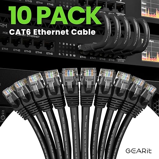 GearIT Cat 6 Ethernet Cable Pack - 10-Pack 14 ft Cat6 Ethernet Patch Cables | RJ45 Network Patch Cable, 10 Gbps Snagless Gold-Plated Connectors - Ethernet Cable Cat 6 for PC, TV, Router - Black