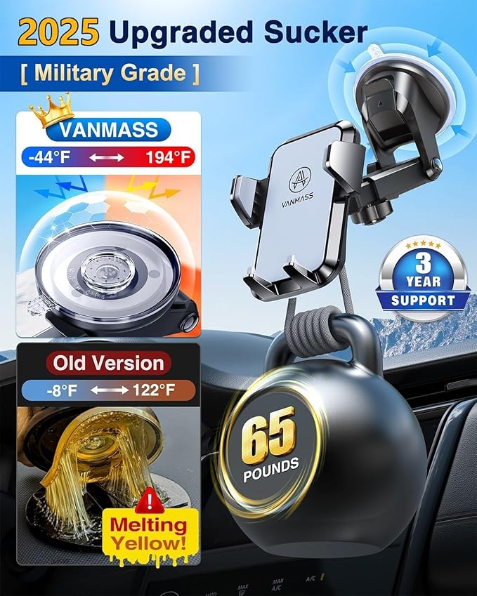 【2025 MAX Stable & Durable】Car Phone Holder VANMASS【Ultimate Military-Grade Suction】Cell Mount Truck Stand Cradle for Dashboard Windshield Vent for iPhone 16 Pro Max 15 14 13 12 Samsung S24 Android