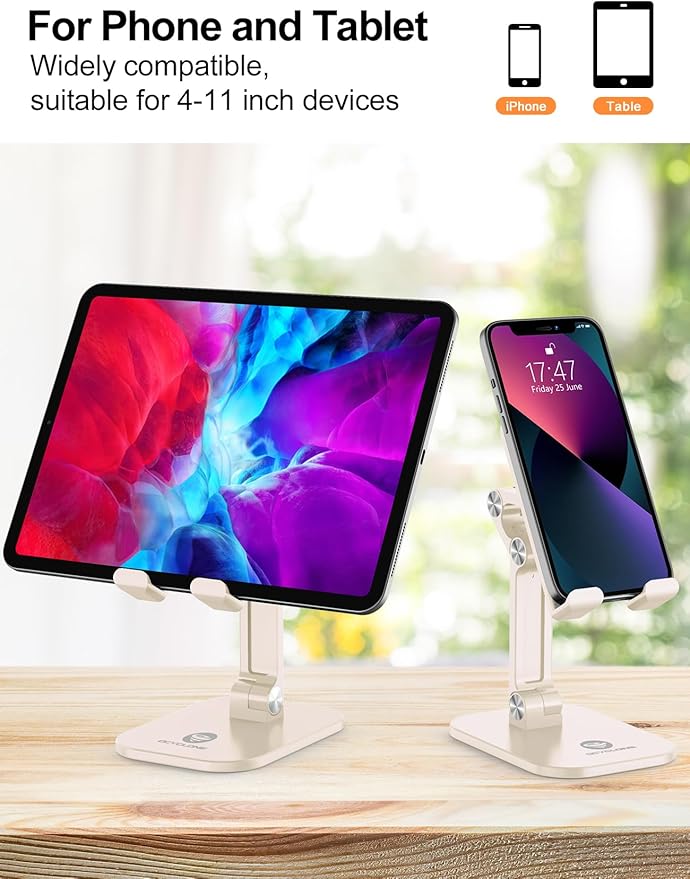 OCYCLONE Phone Stand, Adjustable Height and Angle Foldable Cell Phone Stand Holder for Desk, Taller iPhone Stand Compatible with 4.7"-13" Smartphones iPad Tablet, Beige
