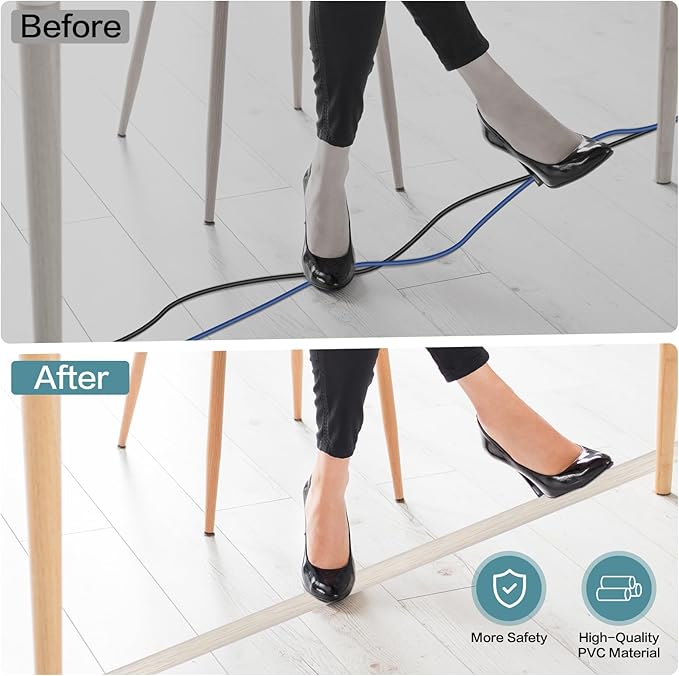 Floor Cord Cover Self Adhesive Cord Hider Floor Extension Cord Covers for Floor Power Cord Protector Cable Management Prevent Cable Trips Cable Cavity 0.32" W x 0.32" H (Beige Wood, 20Ft)