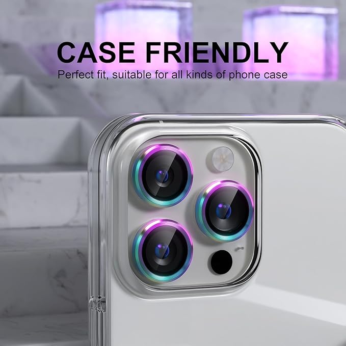 Choiche Compatible for iPhone 16 Pro/iPhone 16 Pro Max Camera Lens Protector, 9H Tempered Glass Camera Cover Screen Protector Metal Ring Decoration Accessories (Colorful)