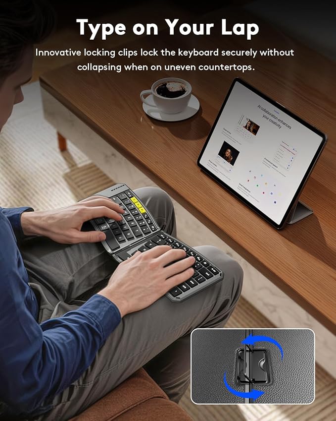 Samsers Ergonomic Foldable Keyboard, KE09U Folding Travel Bluetooth Keyboard with 6-Row Layout, Dual-Mode(2.4G+BTx2) Split Portable Design with USB Slot, for iPhone iPad Smartphone Tablet Laptop PC