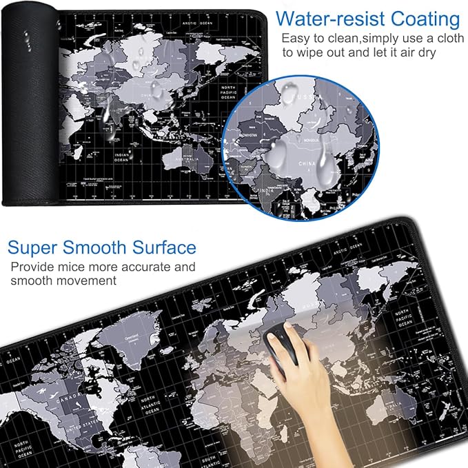 Large Mouse Pad, 31.5x15.7 inch Large Extended Computer Keyboard Mouse Mat, Water Resist Non-Slip Mousepad Rubber Base Long XXL Desk Mouse Pad for Work & Gaming, Office & Home, Grey Map