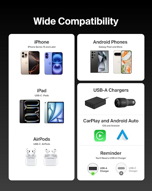 Belkin USB A to USB C Cable, 3.3ft, 15W - Type C Charger, iPhone Charger Cord, Soft, Braided, Flexible for iPhone 16 & 15, Galaxy S25, Pixel 9, iPad Pro, Airpods Pro, Switch & More - Black