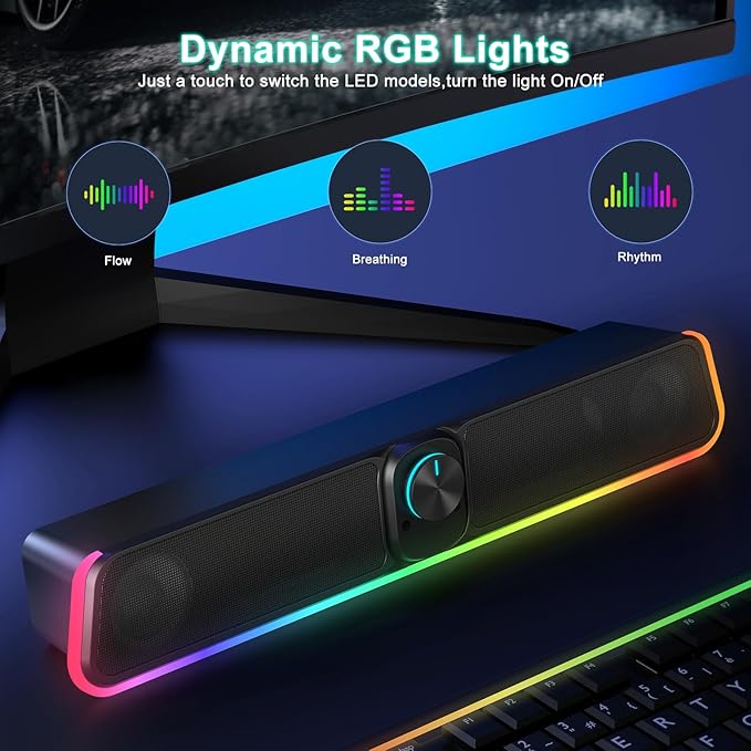 Computer Speakers - Wired USB Powered Bluetooth Computer Sound Bar with RGB & Volume Knob, HiFi Stereo Portable Gaming Sound Bar Speaker for Desktop Monitor, PC, Laptop, Tablets, Mac Air/Pro