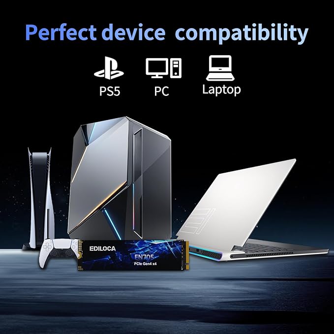 4TB SSD NVMe M.2 2280 PCIe Gen4 x4 Internal Solid State Drive - Up to 5000MB/s, 4TB SSD PS5 Dynamic SLC Cache, PS5 Compatible for Gaming PC Laptop(EN705)