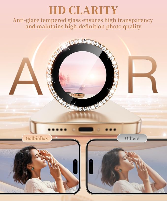 GolbinBox Camera Lens Protector for iPhone 16 Pro Max/16 Pro, 1:1 Invisible Fit, 9H Tempered Glass Ultra HD Metal Individual Camera Cover Screen Protectors for Women, Case Friendly, Bling/Desert Gold