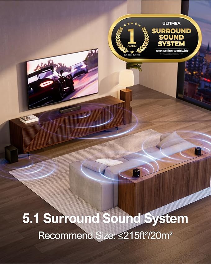 ULTIMEA 5.1ch Sound Bar with Subwoofer, Home Theater Virtual Surround Sound System for TV, Soundbar with App Control, 2 Surround Speakers, Opt/AUX, Peak Power 250W, Aura A30