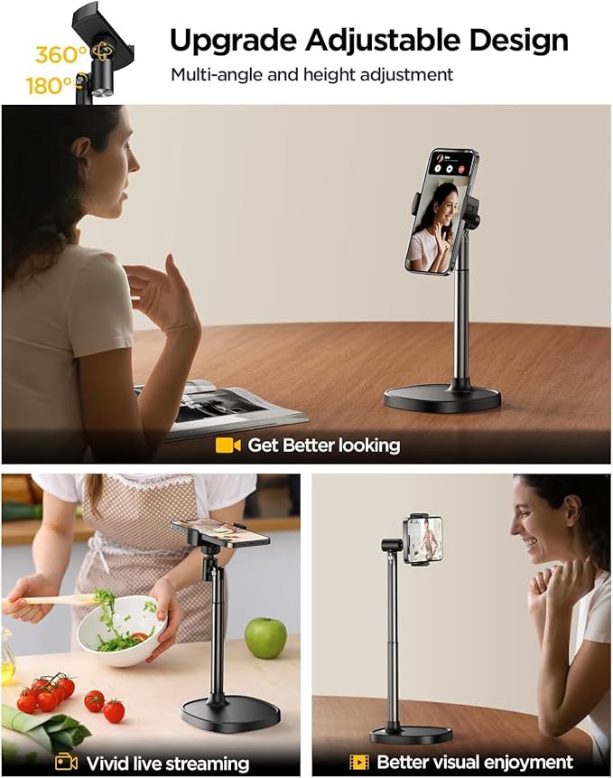 DIMONCOAT Phone Stand for Desk, Angle Height Adjustable Phone Holder for Desk, Aluminum Alloy Universal iPhone Holder, Retractable Cell Phone Stand Recording Office for iPhone 16 15 Pro Max Plus