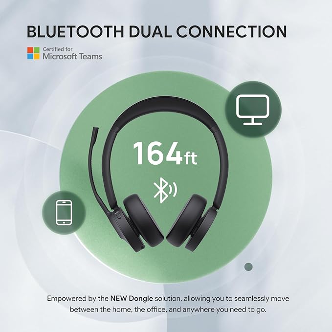 Yealink BH70 Wireless Bluetooth Headset with Microphone for Work, up to 35h Talking Battery Life, 3-Mic Noise Cancellation, 147g Lightweight Microsoft Teams Certified Headphone for Open Office, USB-A