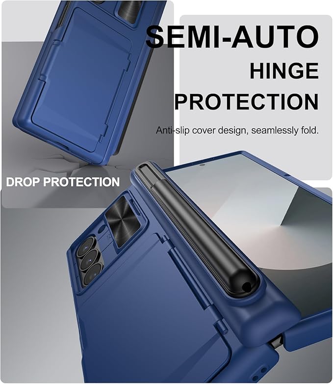 for Samsung Galaxy Z Fold 6 Wallet Case & S Pen Holder & Hinge Protection & Camera Cover, Built-in Card Holder & Screen Protector, Durable Multifunctional Phone Case for Z Fold 6 2024, Blue