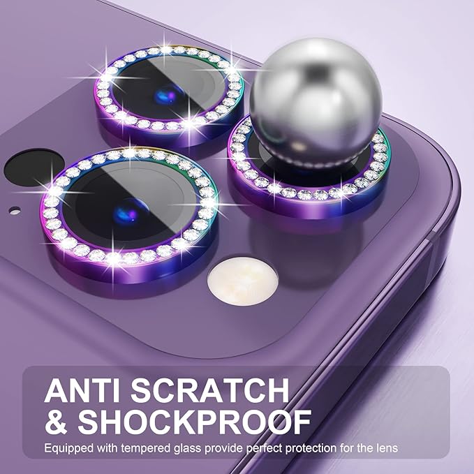 Choiche [3+1 for iPhone 14 Pro/iPhone 14 Pro Max Camera Lens Protector Bling, 9H Tempered Glass Camera Cover Screen Protector Metal Ring Decoration Accessories (Diamond-Colorful)