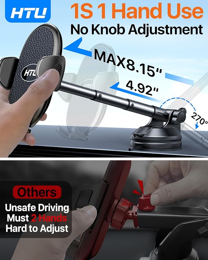 HTU 【Military-Grade Suction】 2025 Cell Phone Holder for Car【Flexible Telescopic Arm】 Car Phone Mount Stand for Dashboard Windshield for iPhone 16 Pro Max 15 14 13 12 Samsung Truck Jeep, Black