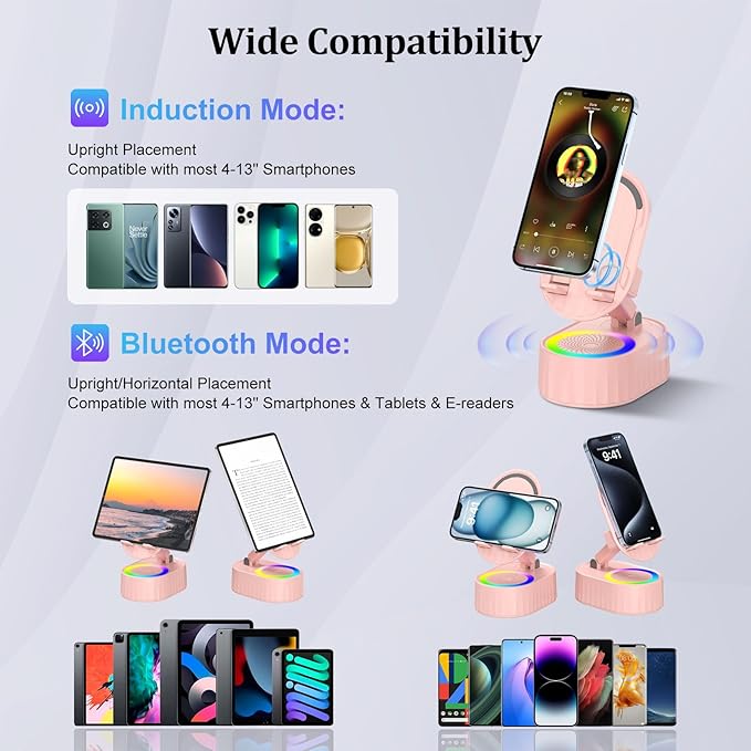 Wireless Induction Audio Bluetooth Speaker 5in1 Phone Holder Emergency Rechargeable (3000mAh) with Colorful Ambient Light 300° Foldable for Tablet iPhone Android, Womens Birthday Gifts(Pink)