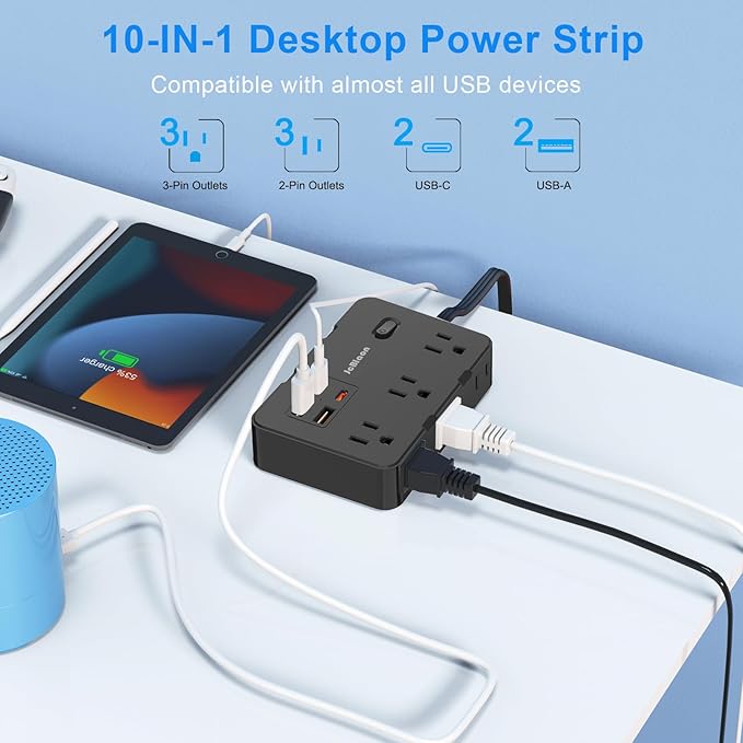 Flat Plug Power Strip Surge Protector, 5ft Ultra Thin Extension Cord with 4 USB Wall Charger(2 USB C Port), 6 Widely-Spaced Outlets Power Strip Compact for Travel, Office, Dorm Room Essentials (Black)