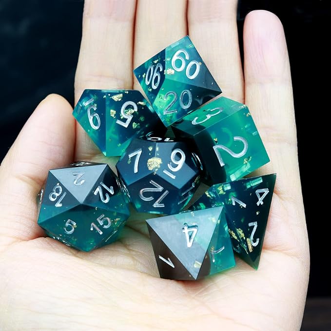 Haxtec Sharp Edge DND Dice Set Blue Black Resin Dice Gold Flakes D&D Dice for RPG Role Playing Games Compatible with Dungeons and Dragons Gift War Series