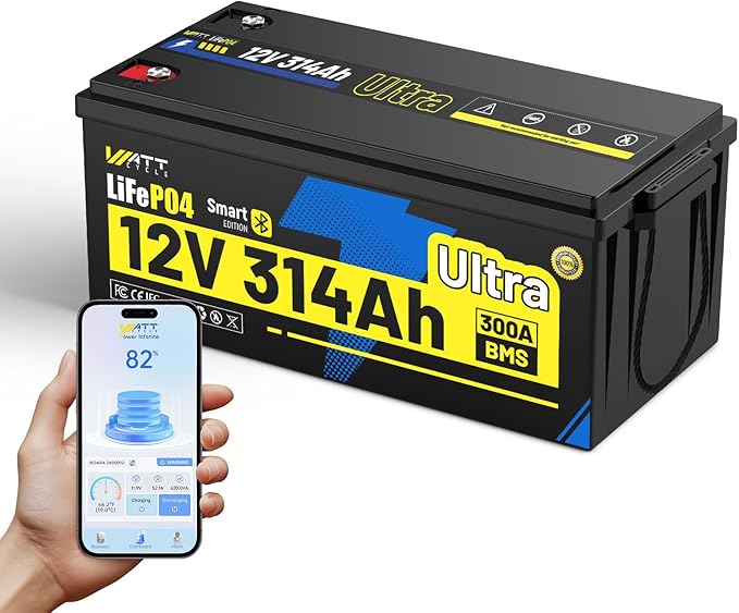 12V 314Ah LiFePO4 Lithium Battery 300Ah BMS, Built-in Metal Frame & Bluetooth 5.0, Full Metal Case 4.01kWh Energy, 8000+ Deep Cycles Batterys Perfect for Energy, RV, Solar, Trolling Motor