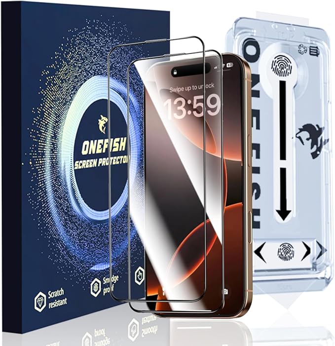 OneFish Full Edge Coverage Tempered Glass Screen Protector for IPhone 15 Plus/IPhone 14 Pro Max 6.7 inch 2 Pack Edge Reinforcement, Self-Aligning Installation, Case Friendly HD Screen Protectors